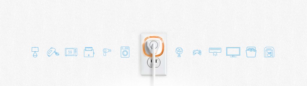 Fibaro Smart Plug plugged into outlet with Automation Icons on both sides: Fibaro Canada Lifestyle Image